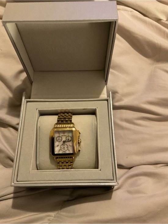 Michele Accessories - Michele Gold-Plated Square Watch with Mother-of-Pearl Dial and Diamonds
